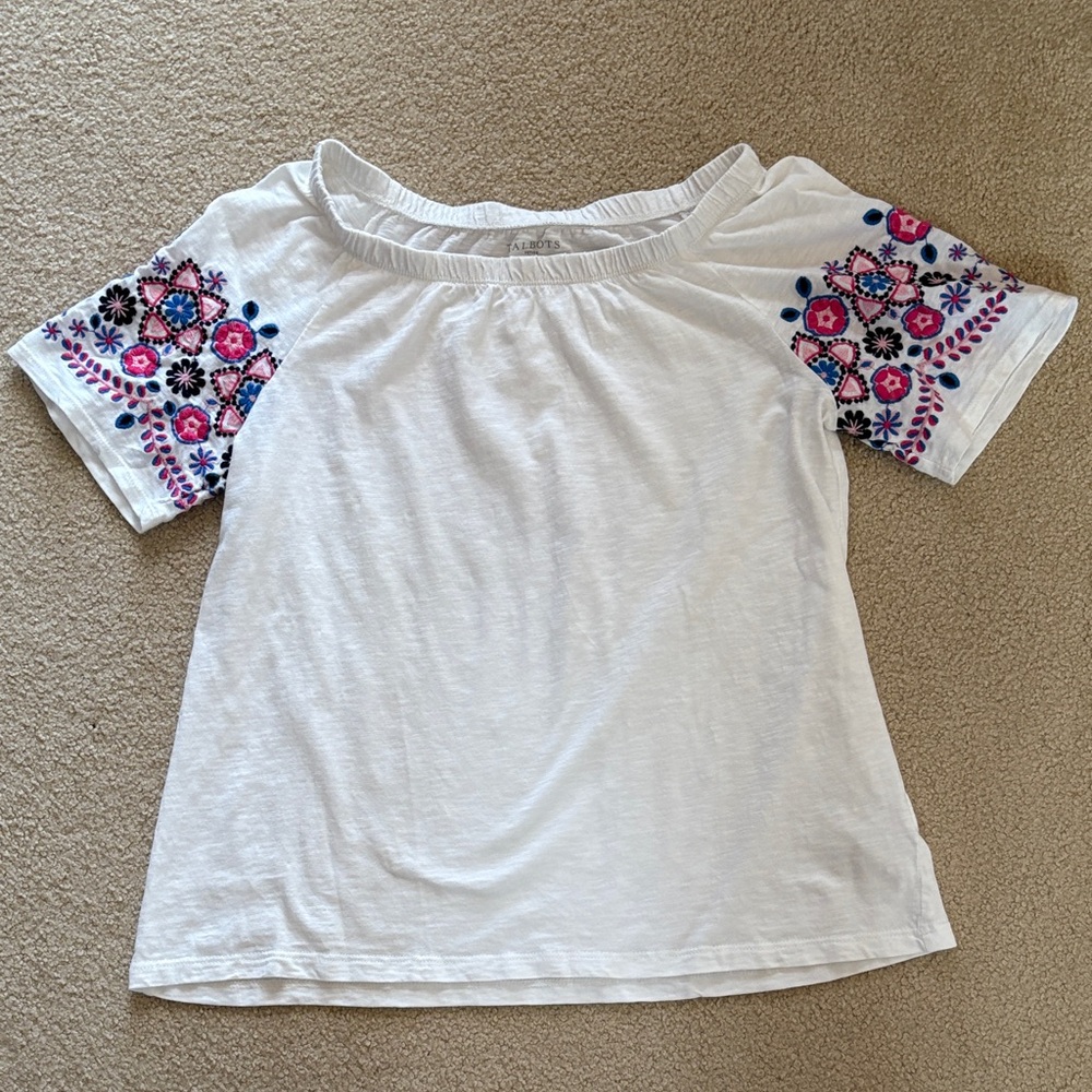 Talbots White Tee with Colorful Floral Embroidery
